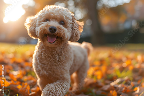 Playful Poodle Running in Autumn Park