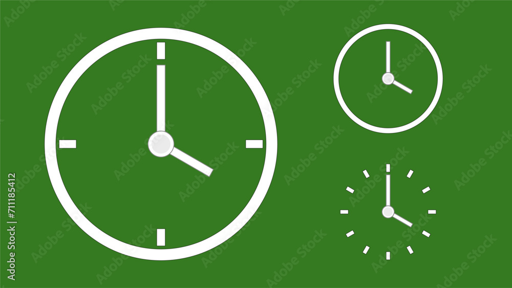 Clock icon, minimal style. arrow show4 hr. from number 12 to 4. on the christmas green background Clock icon, minimal style. arrow show4 hr. from number 12 to 4. on the christmas green background