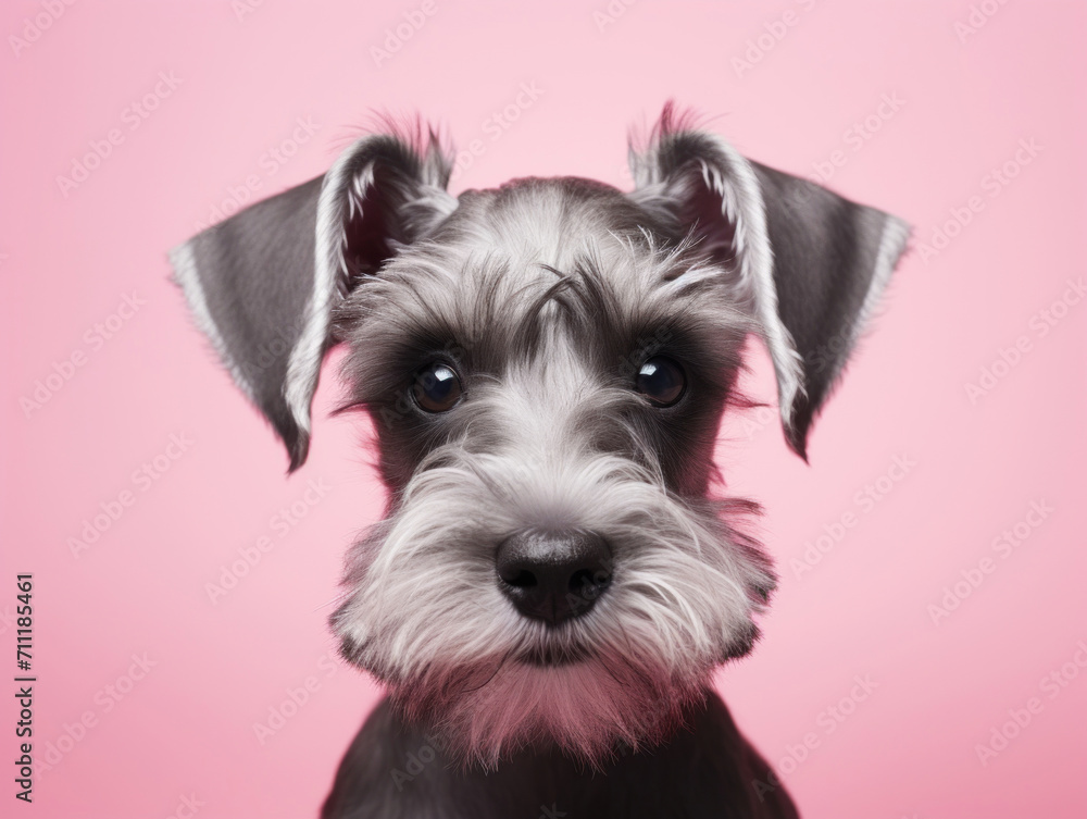 A portrait of a well-groomed Miniature Schnauzer with a keen expression against a soft pink background, reflecting a calm yet attentive demeanor.