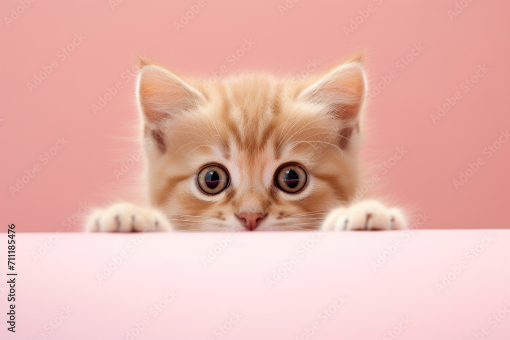An adorable ginger kitten with big, curious eyes and soft fur peering over a pastel pink surface, capturing a moment of playful curiosity. An adorable ginger kitten with big, curious eyes and soft fur peering over a pastel pink surface, capturing a moment of playful curiosity.