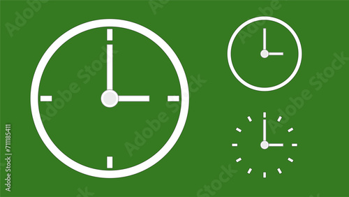 Clock icon, minimal style. arrow show3 hr. from number 12 to 3. on the christmas green background