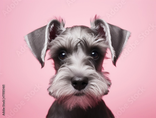 A portrait of a well-groomed Miniature Schnauzer with a keen expression against a soft pink background, reflecting a calm yet attentive demeanor.