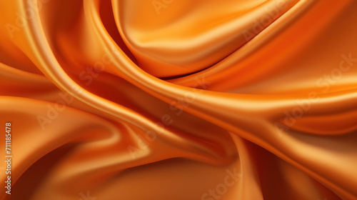 A close-up image capturing the vibrant, rich texture and smooth flowing waves of an orange satin fabric.