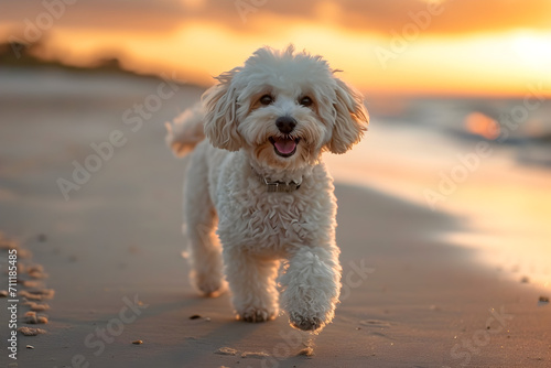 Silhouette of a Poodle Walking Along the Beach at Sunset © vanilnilnilla
