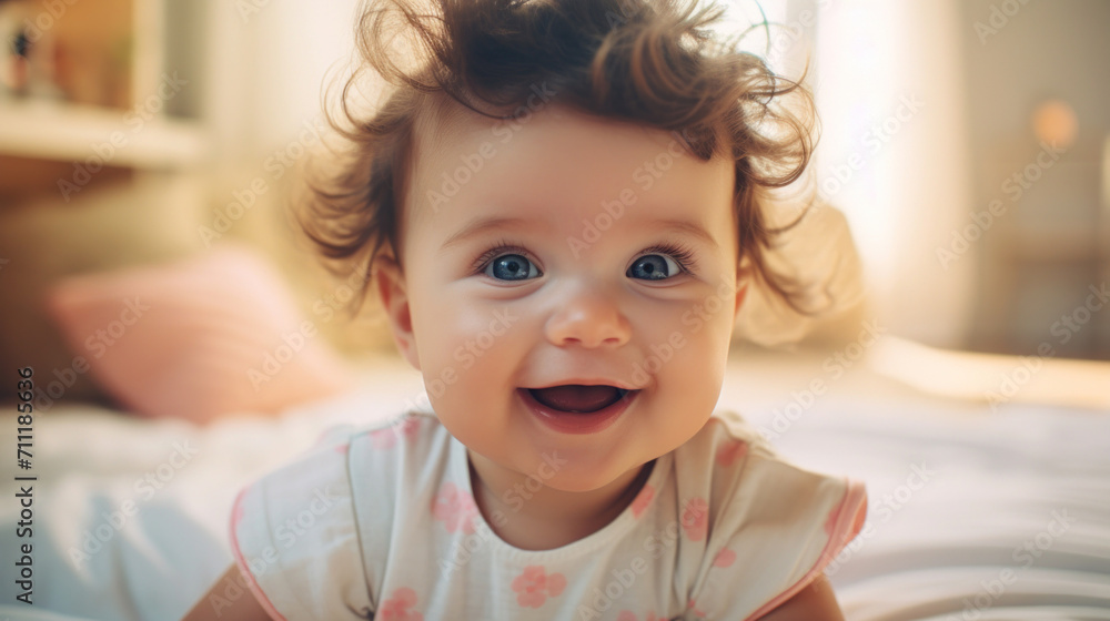A baby with big blue eyes and curly hair smiles brightly in a sunlit room, creating an image of innocence and joy. - obrazy, fototapety, plakaty 