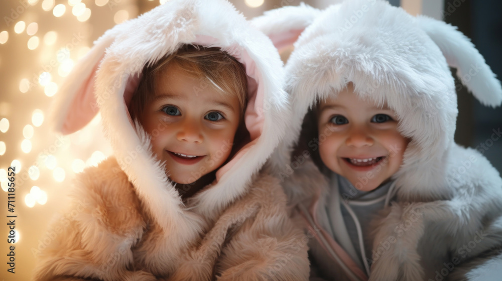Two adorable children smiling in fluffy bunny costumes, with a warm bokeh light background creating a festive atmosphere. Two adorable children smiling in fluffy bunny costumes, with a warm bokeh light background creating a festive atmosphere.