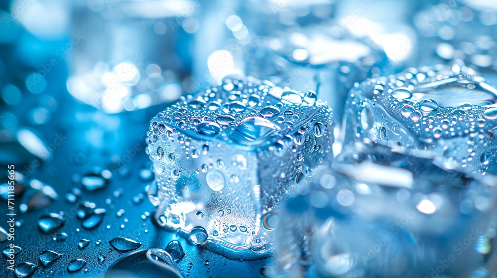 a close up of water droplets on ice cubes with a blue background a close up of water droplets on ice cubes with a blue background