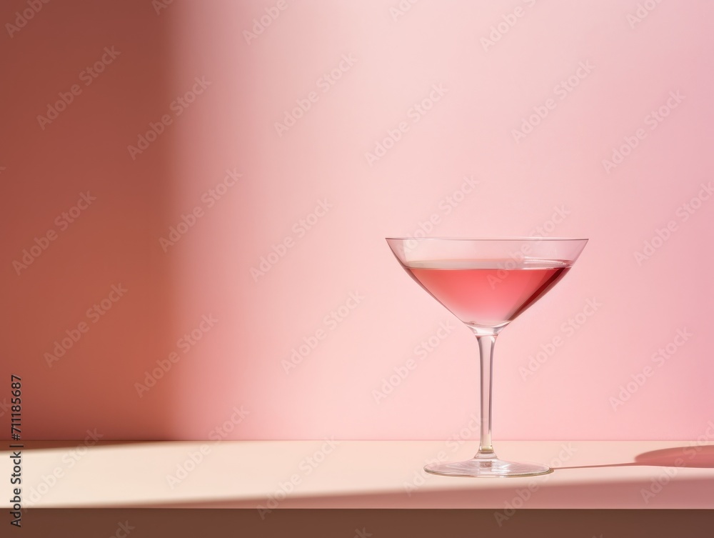 Cosmopolitan cocktail. Pink Drink in Wine Glass on Counter, Refreshing Beverage in Elegant Stemware Cosmopolitan cocktail. Pink Drink in Wine Glass on Counter, Refreshing Beverage in Elegant Stemware