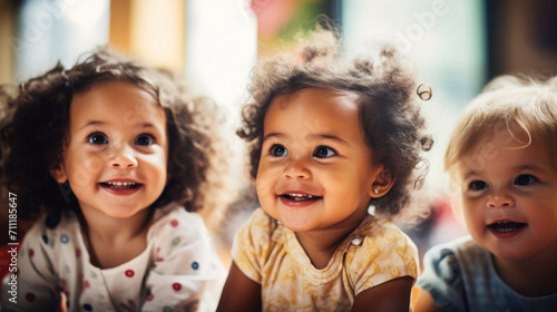 A group of diverse toddlers smiling and playing together in a bright room, showcasing childhood joy and friendship. photo