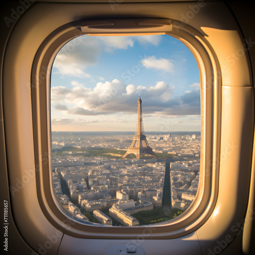 Airplane window view of the Eiffel Tower in Paris France  © PixelHD