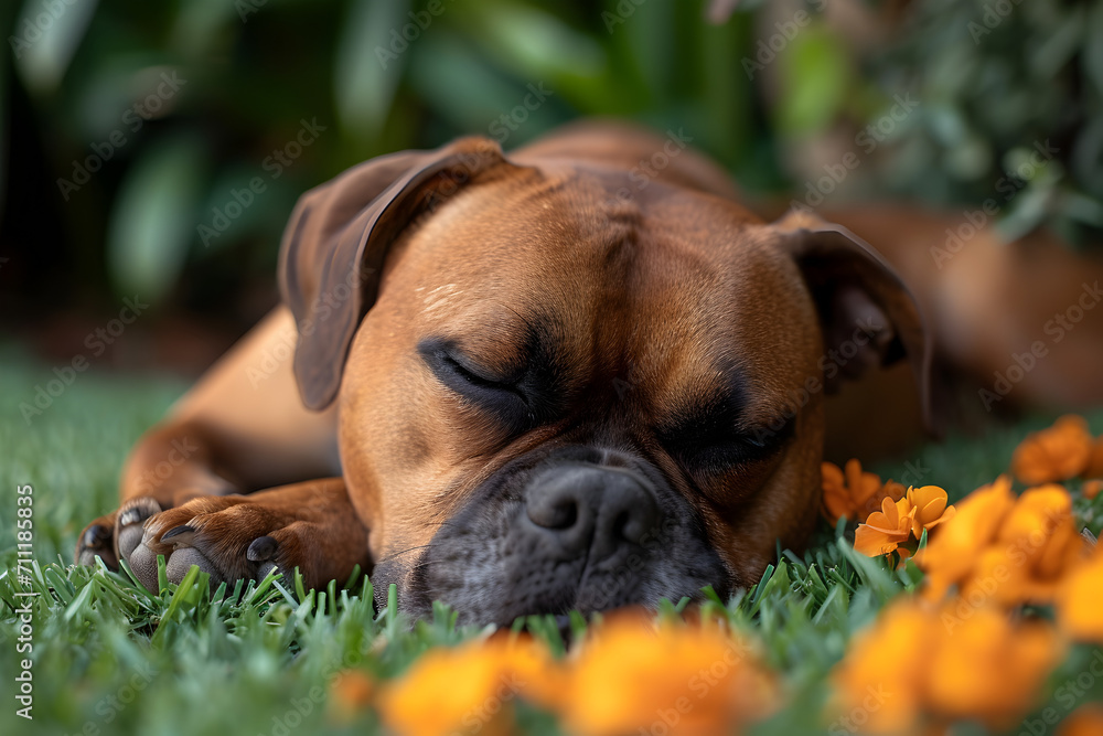 Boxer Sleeping in the Grass with Orange Flowers