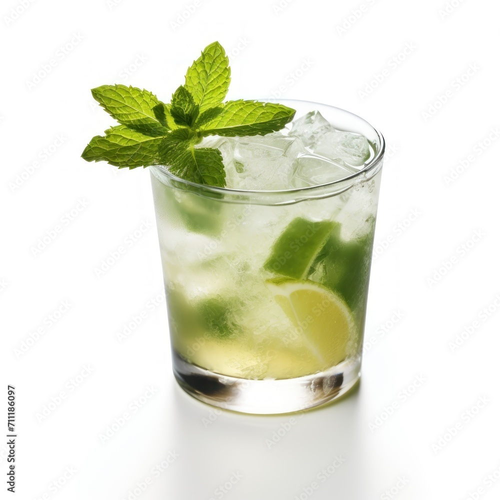 Mint Julep cocktail or Mojito on a white background. Refreshing Drink, Glass Filled With Ice and Lime Mint Julep cocktail or Mojito on a white background. Refreshing Drink, Glass Filled With Ice and Lime
