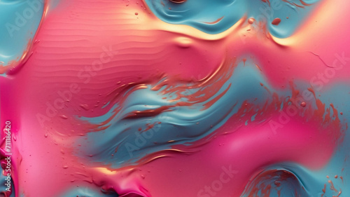 Abstract background filled with metallic liquid waves with a shiny finish. The combination of blue, pink and purple forms a futuristic wave pattern that creates a dynamic and modern look.