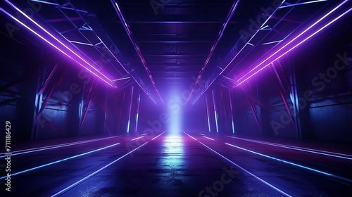 laser show club dark neon sci fi futuristic retro purple blue glowing ceiling lights tunnel hall 3D