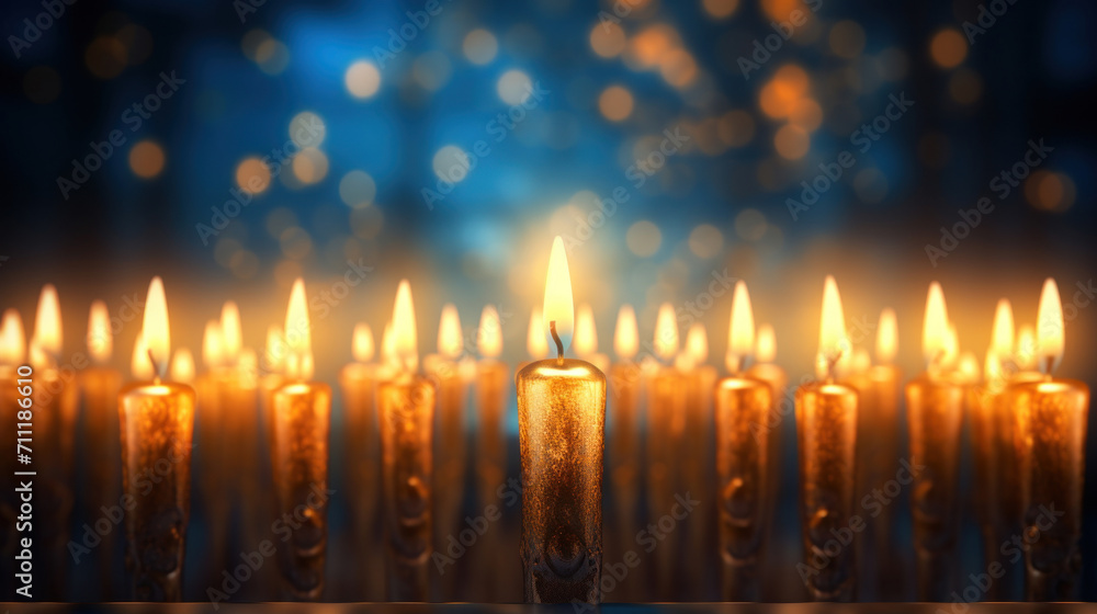 Golden candles lined up, casting a warm glow with a magical bokeh effect in the background, creating a tranquil ambiance. Golden candles lined up, casting a warm glow with a magical bokeh effect in the background, creating a tranquil ambiance.