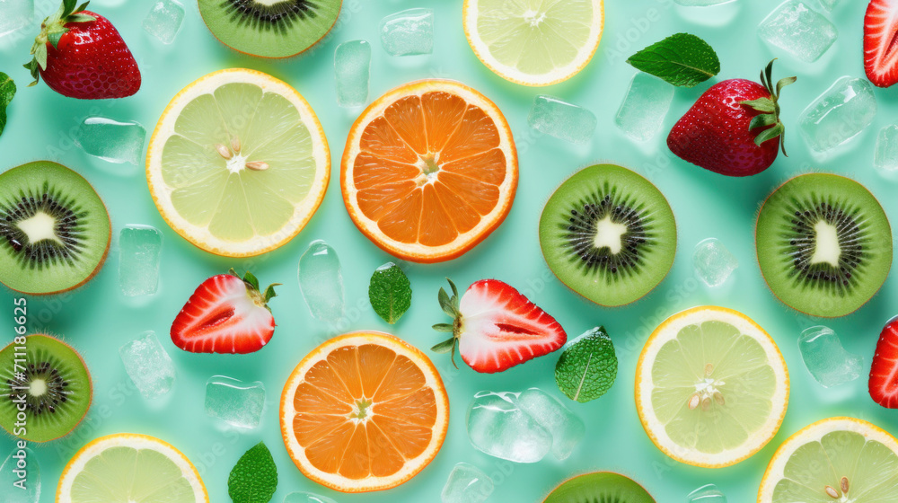 A refreshing assortment of citrus fruits and strawberries with ice cubes on a bright aqua background, evoking a summer vibe. - obrazy, fototapety, plakaty 