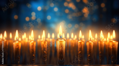 Golden candles lined up, casting a warm glow with a magical bokeh effect in the background, creating a tranquil ambiance.