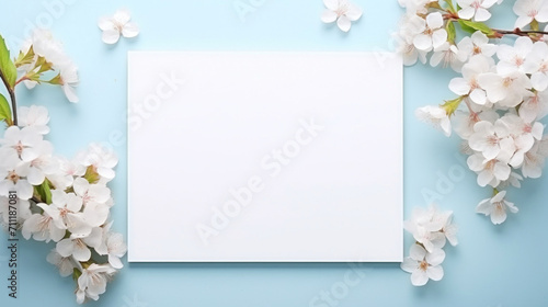 Delicate white spring blossoms frame a blank space on a pastel blue background, perfect for a fresh seasonal message.
