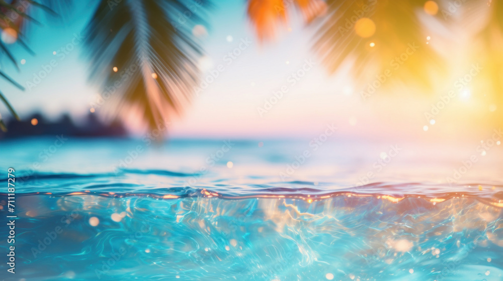 Serene tropical sunset with palm tree silhouettes reflecting over tranquil blue water, creating a peaceful ambiance. Serene tropical sunset with palm tree silhouettes reflecting over tranquil blue water, creating a peaceful ambiance.