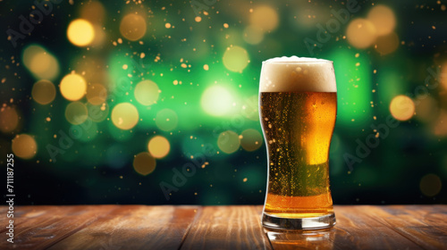 Refreshing glass of beer set against a backdrop of festive green bokeh lights, evoking St. Patrick's Day celebrations.