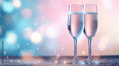 Two champagne flutes with sparkling water set against a pink bokeh background, conveying a celebratory mood.