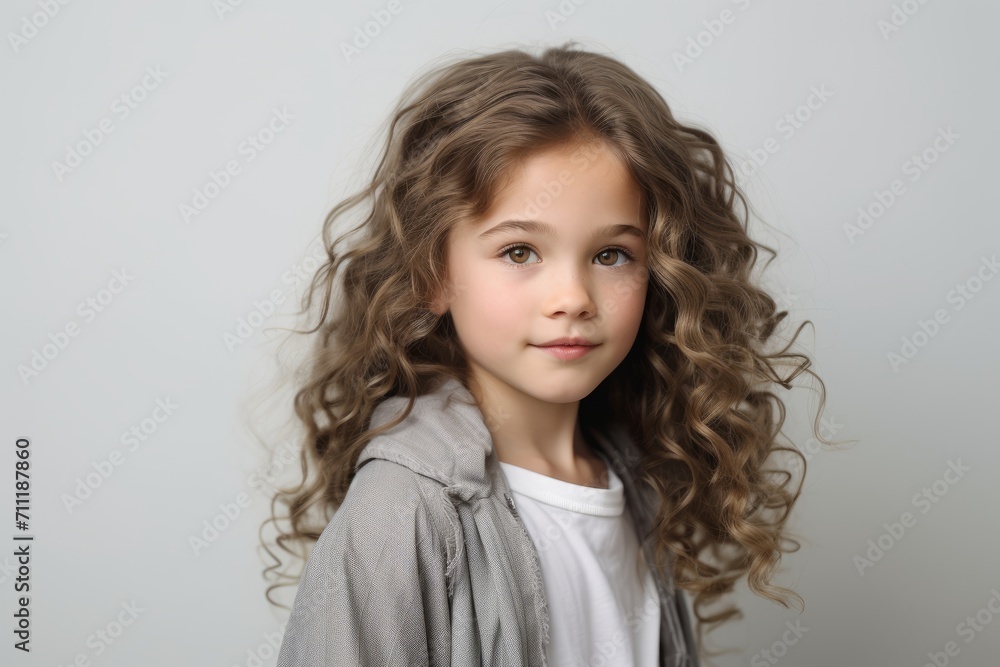 Portrait of a beautiful little girl with long curly hair on a gray background Portrait of a beautiful little girl with long curly hair on a gray background
