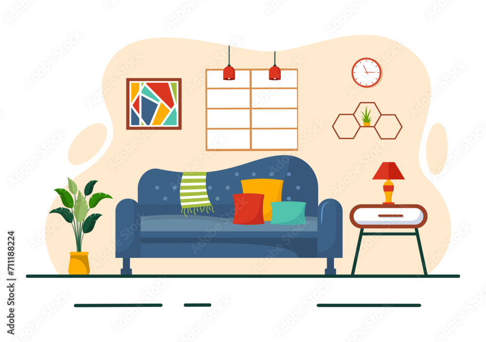 Fototapeta premium Home Decor Vector Illustration with Living Room Interior and Furniture such as Comfortable Sofa, Window, Chair, House Plants and Accessories