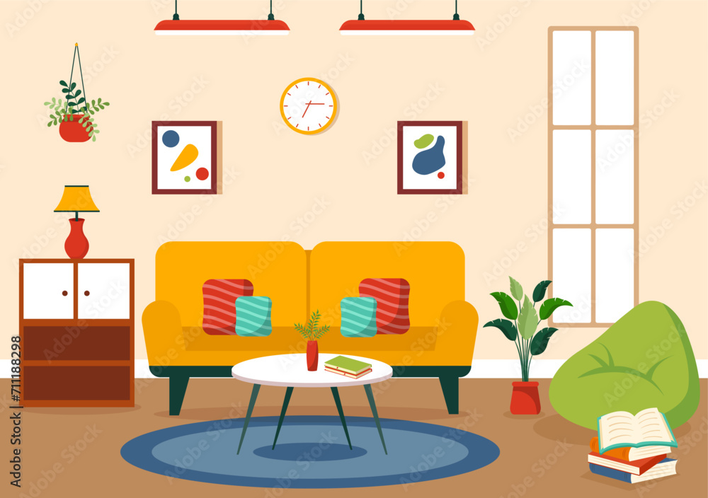 Home Decor Vector Illustration with Living Room Interior and Furniture such as Comfortable Sofa, Window, Chair, House Plants and Accessories Home Decor Vector Illustration with Living Room Interior and Furniture such as Comfortable Sofa, Window, Chair, House Plants and Accessories