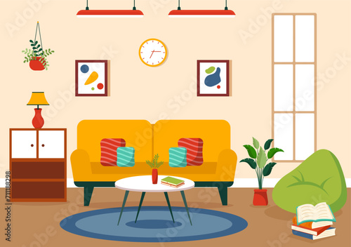 Wallpaper Mural Home Decor Vector Illustration with Living Room Interior and Furniture such as Comfortable Sofa, Window, Chair, House Plants and Accessories Torontodigital.ca