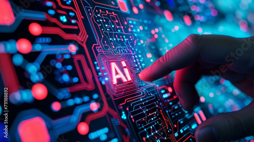 A man touching PCB circuit on which "Ai" is written, neon light background. Artificial intelligence concept, Exploring the Human Element of AI Development, Human Interaction Sparks the Evolution of AI