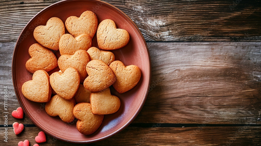 Heart shaped delicious cookies in a plate. Top view. Valentines day concept Heart shaped delicious cookies in a plate. Top view. Valentines day concept