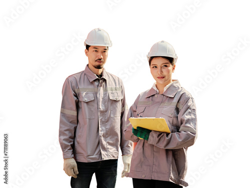 Male and female worker or Engineer wearing safety helmet and on transparent background