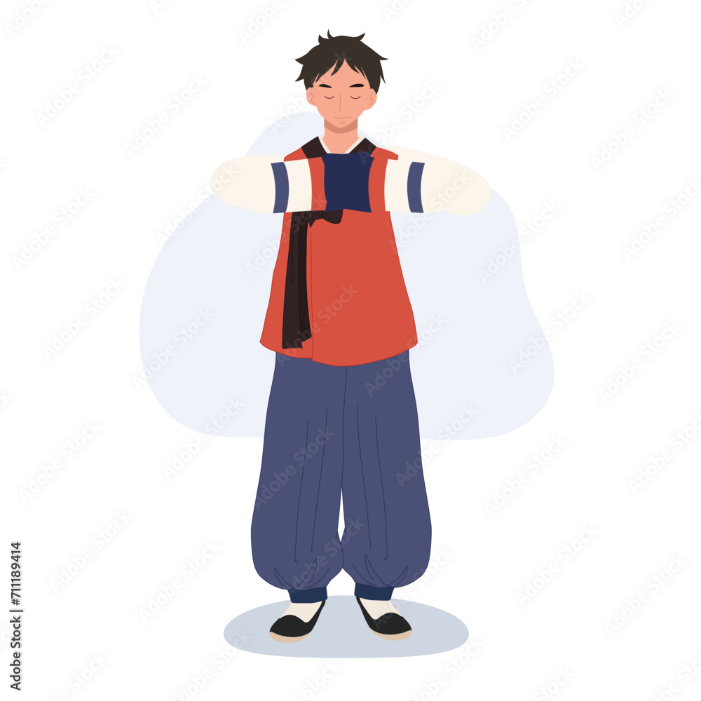 man in Korean traditional suit hanbok is greeting or salutation