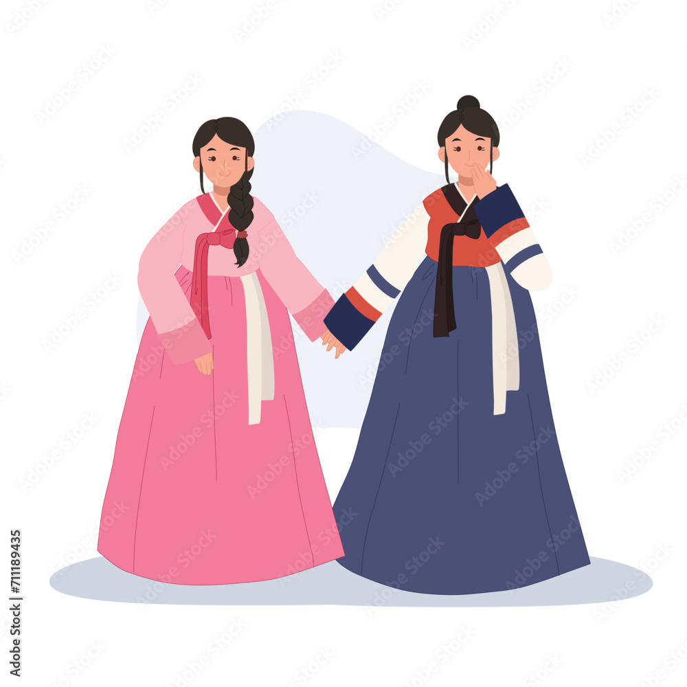  happy smiling cute 2 women in korean traditional dress hanbok for holiday or event.