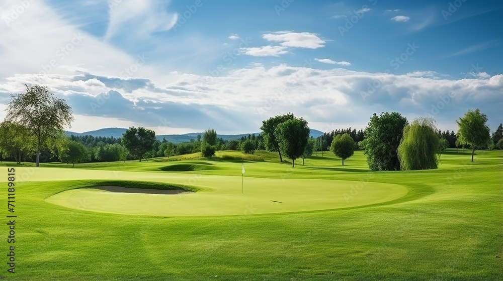 golf course with beautiful green field. golf course with a rich green turf beautiful scenery.