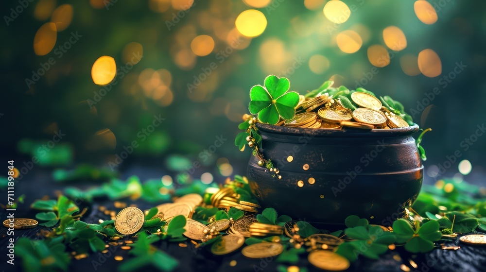 St. Patrick's Day Symbols Pot with Shamrocks and Coins for Irish Celebration - obrazy, fototapety, plakaty 