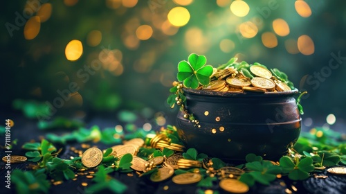 St. Patrick's Day Symbols Pot with Shamrocks and Coins for Irish Celebration photo