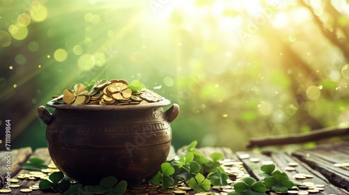 St. Patrick's Day Symbols Pot with Shamrocks and Coins for Irish Celebration