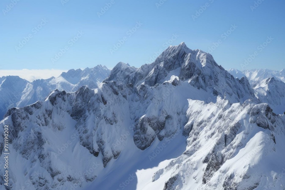 A wide, breathtaking sight of snow-covered summits. Generative AI