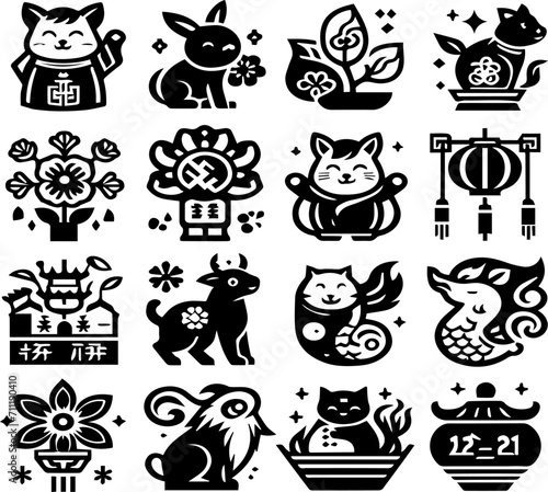 Chinese New Year icon set. Chinese zodiac symbols. Year of the Pig.