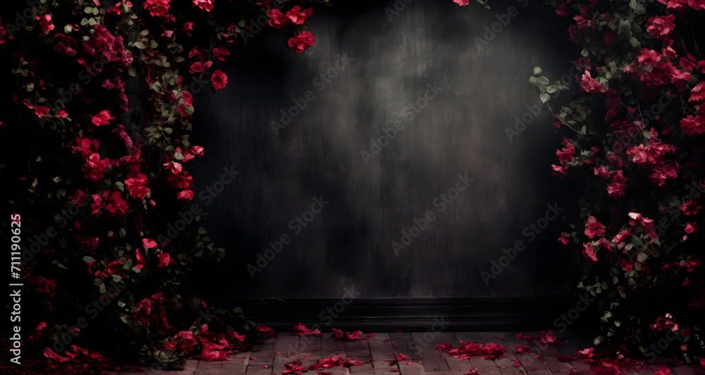 a black wall with pink roses around it