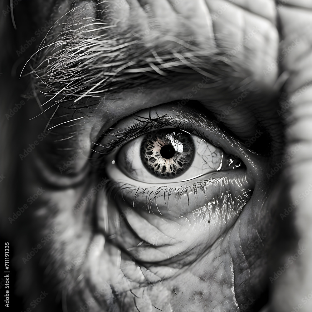 Fototapeta premium An elderly man's eye with skin wrinkles and aging skin in black and white 