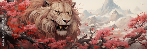 Majestic Lion Amongst Cherry Blossoms and Mountains Illustration