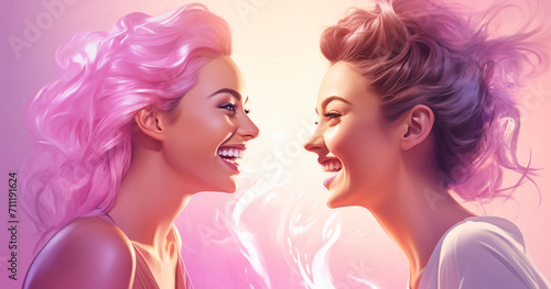 two women laughing pink theme, illustration 