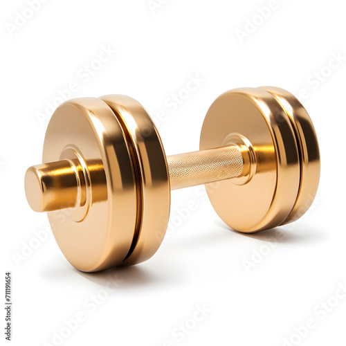 Gold dumbbell for working out and building muscle isolated on a white background 