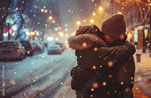 man and woman hugging and kissing, night winter street in snow