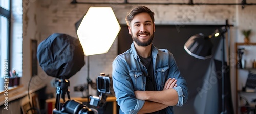 a photographer with a camera looks straight and smiles, against the backdrop of a photo studio