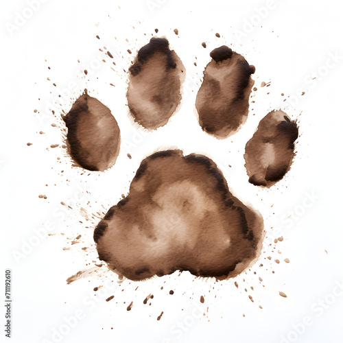Brown muddy paw print on a white background 