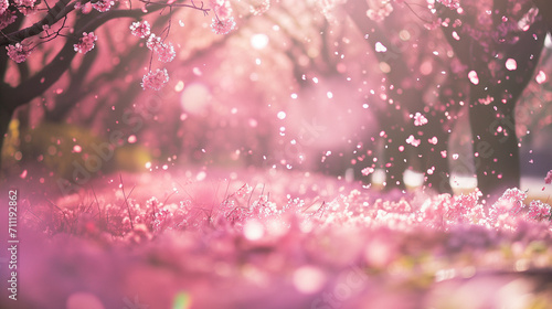 エモーショナルな満開の桜の花びらが風で舞い散っている花吹雪の写真 photo