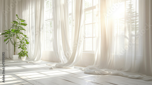 大きな窓から明るい光が入ってくる窓際に長い白いレースカーテンがかかっている広くて白いシンプルな部屋、コピースペース有